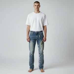 Almost Someday District Jeans Blue Wash Graphic Logo Denim Size 28